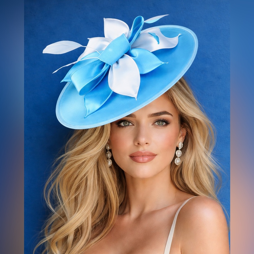 Chic Women's Blue and White Hat KY Derby Tea Church Formal Headwear